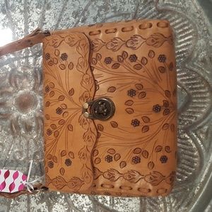 Vintage large leather carved purse